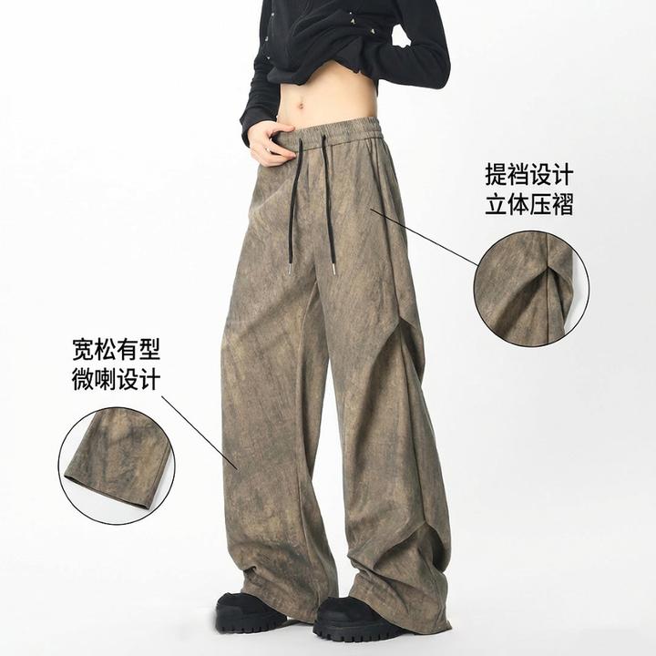 2025秋季男士潮款裤子慵懒感扎染灯芯绒长裤褶皱设计感宽松休闲裤