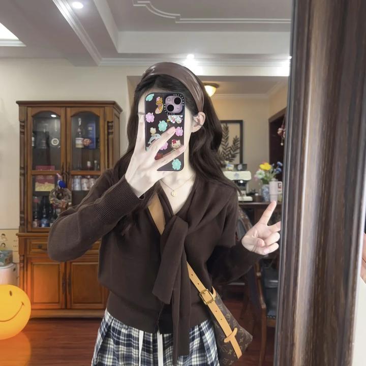 2025秋季搭配一整套女韩系复古系带针织衫上衣格子阔腿裤两件套装