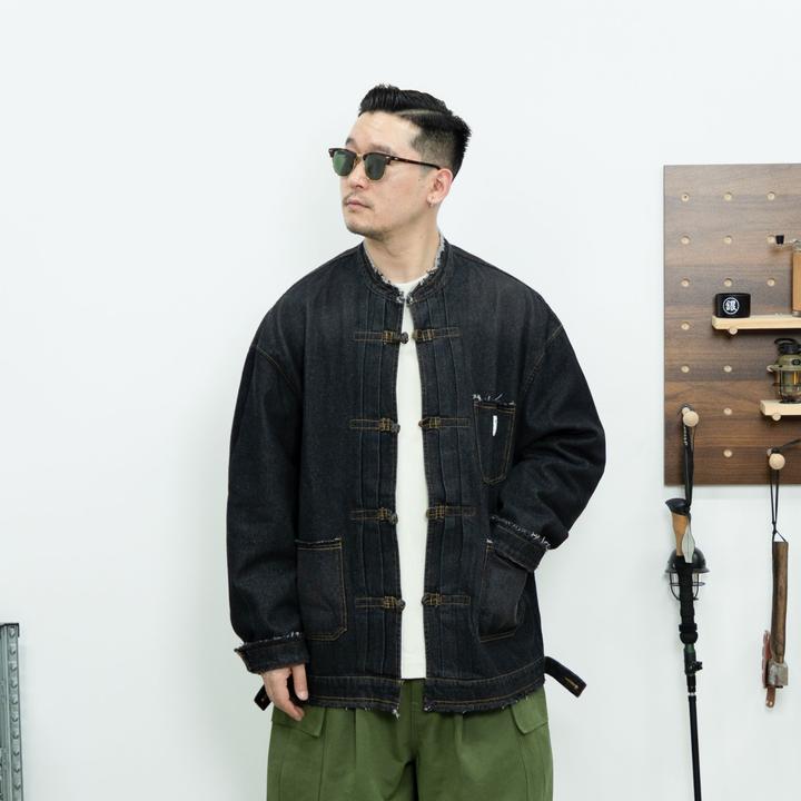 25FW秋季新中式盘扣重磅做旧牛仔夹克外套复古衬衫磨毛立领长袖