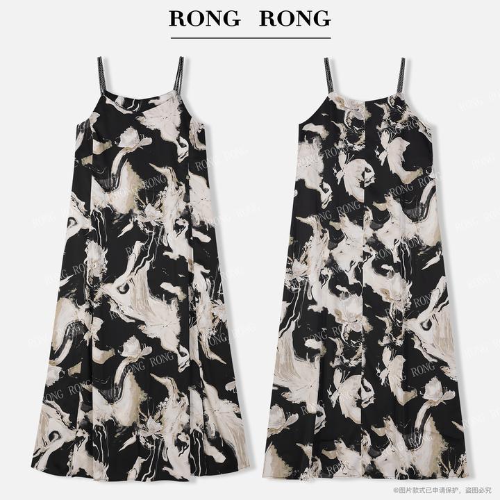 溶溶【诗年染画】RONGRONG 艺术油画印花双肩带优雅连衣裙F-B0054