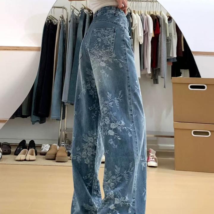 设计感提花刺绣牛仔裤女秋季新款胖妹妹mm高腰宽松显瘦直筒阔腿裤