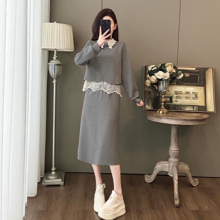 时尚气质名媛套装裙女秋冬季新款假两件蕾丝卫衣上衣半身裙两件套