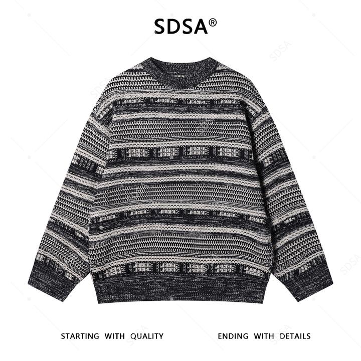 SDSA男士秋冬新款痞帅男装韩版撞色条纹圆领针织衫时尚慵懒风毛衣