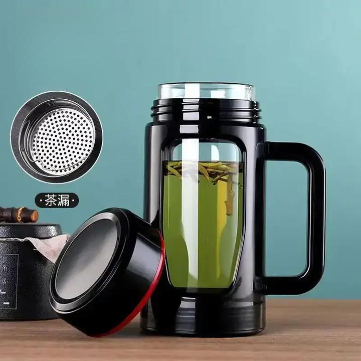 2025大容量办公防爆玻璃杯带把男泡茶杯水杯塑玻杯茶水分离杯子