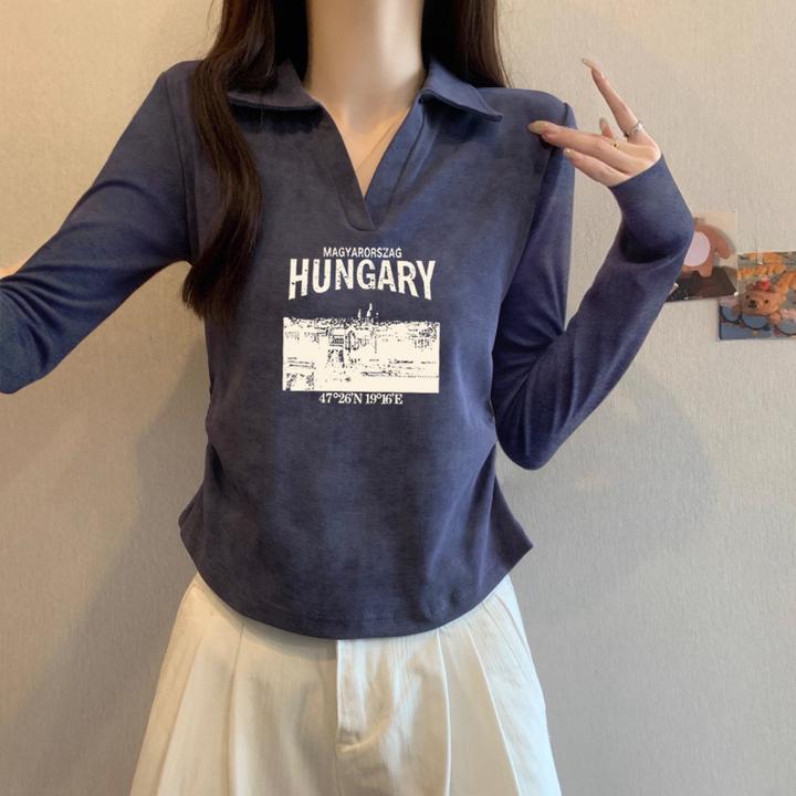 polo领纯棉扎染正肩长袖t恤女设计感小众收腰辣妹打底衫上衣秋季