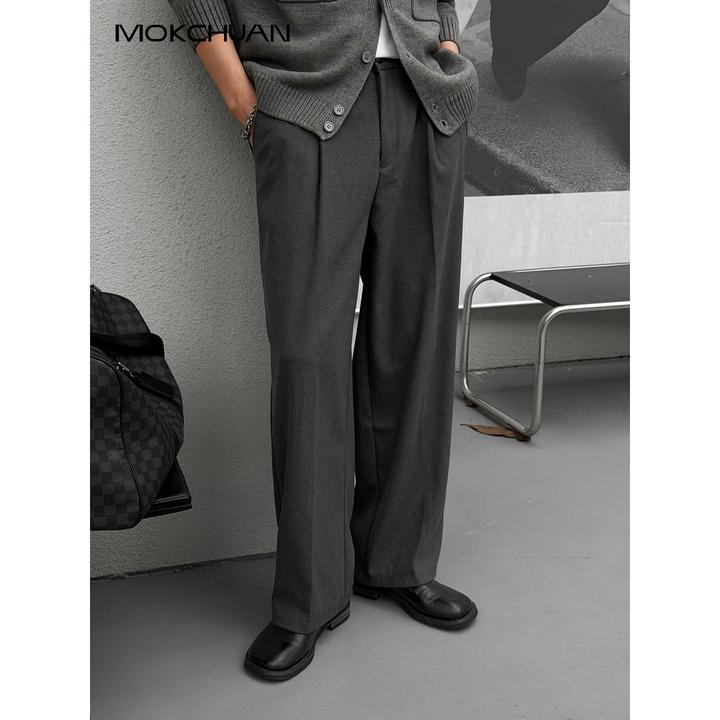 MOKCHUAN极简宽松直筒慵懒西裤立体双褶男垂感抗皱百搭休闲长裤