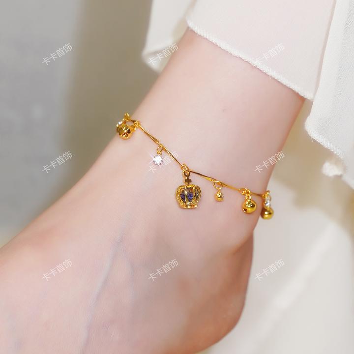 铜合金合成锆石脚链 皇冠铃铛脚链时尚百搭不掉色精致气质会响