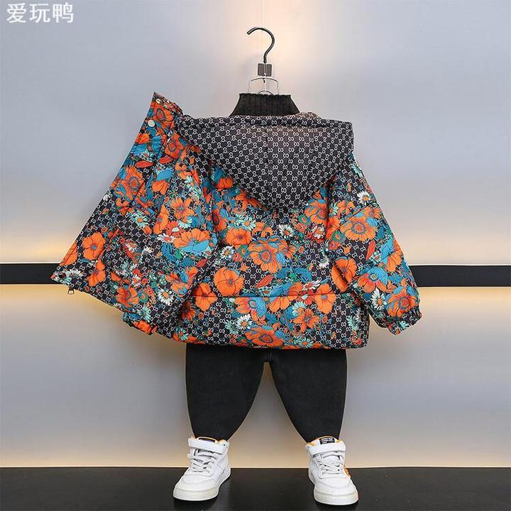 爱玩鸭男童花棉衣2023冬装新款加厚连帽棉服宝宝冬款外贸外套