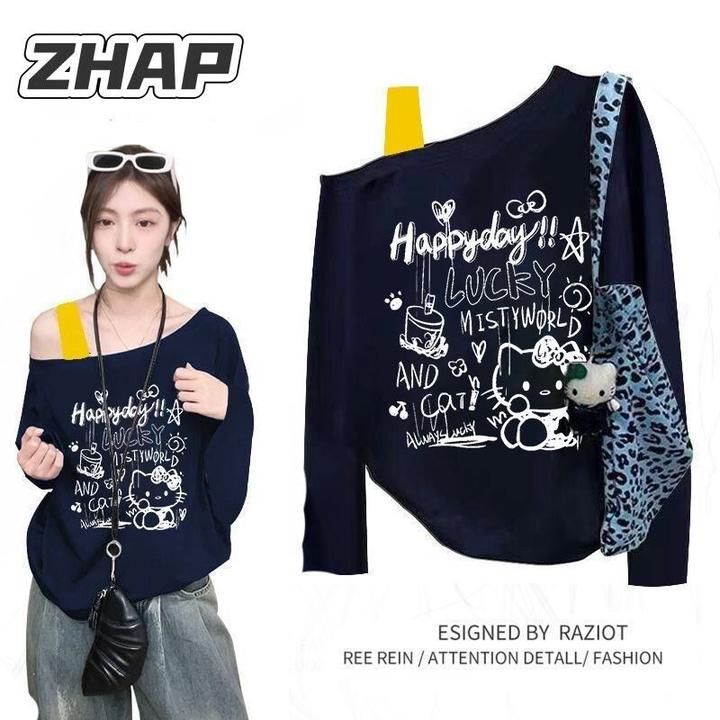 【ZHAP】斜领肩带长袖T恤女爆款穿搭凯蒂猫秋季宽松百搭高级显瘦潮