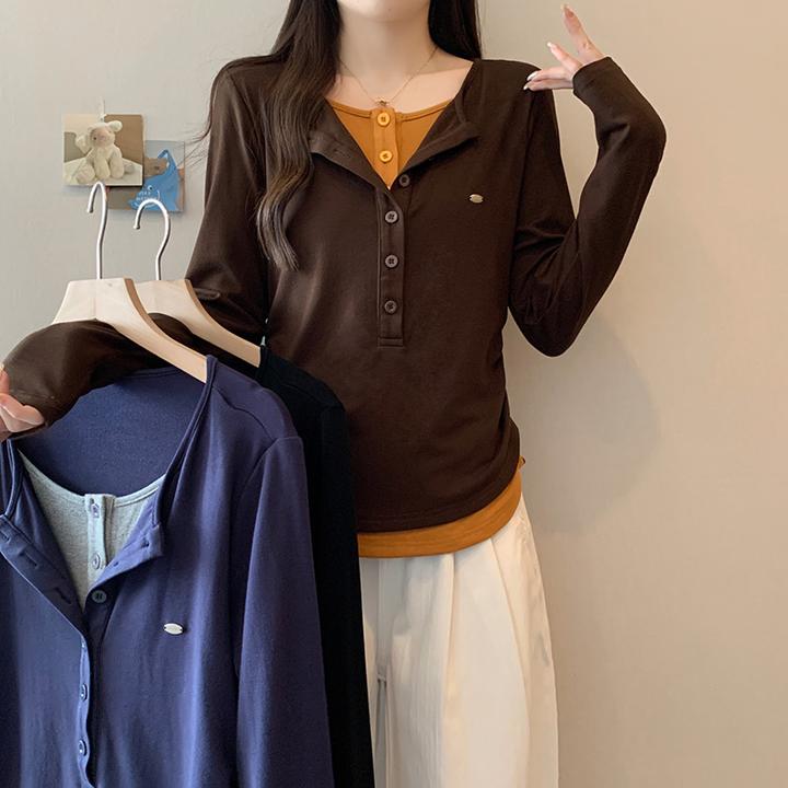 2025秋装新款胖mm大码女休闲假两件掐腰显瘦弧形长袖T恤A2538