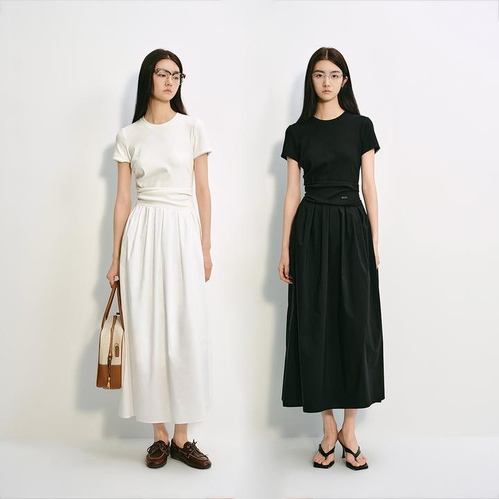 ochirly欧时力A字黑色连衣裙长裙法式气质流行裙2025夏新流光风