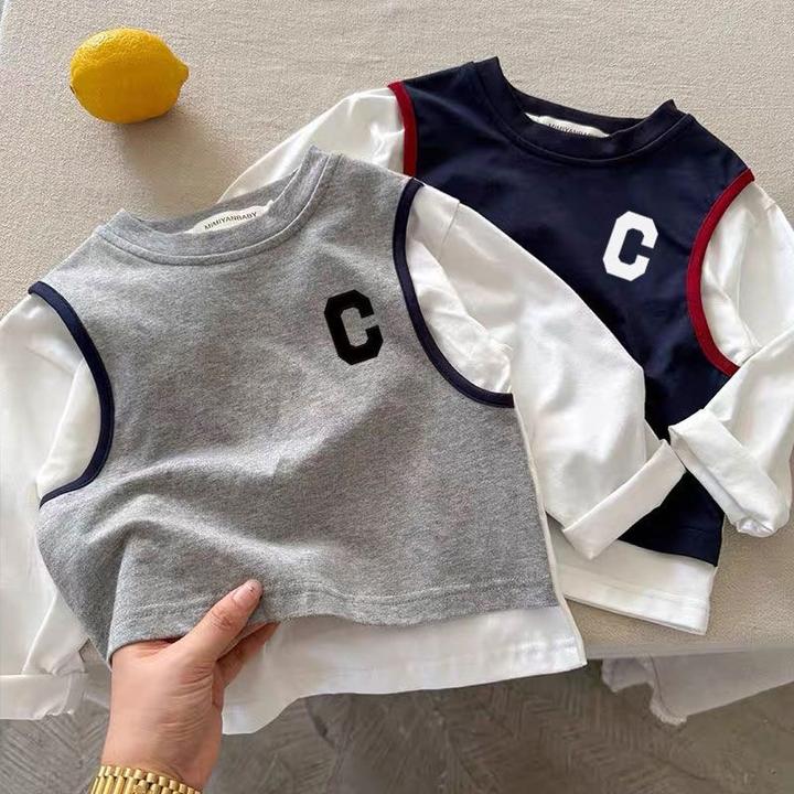 童装男童t恤长袖儿童秋装2025新款男孩大童假两件薄款上衣打底衫