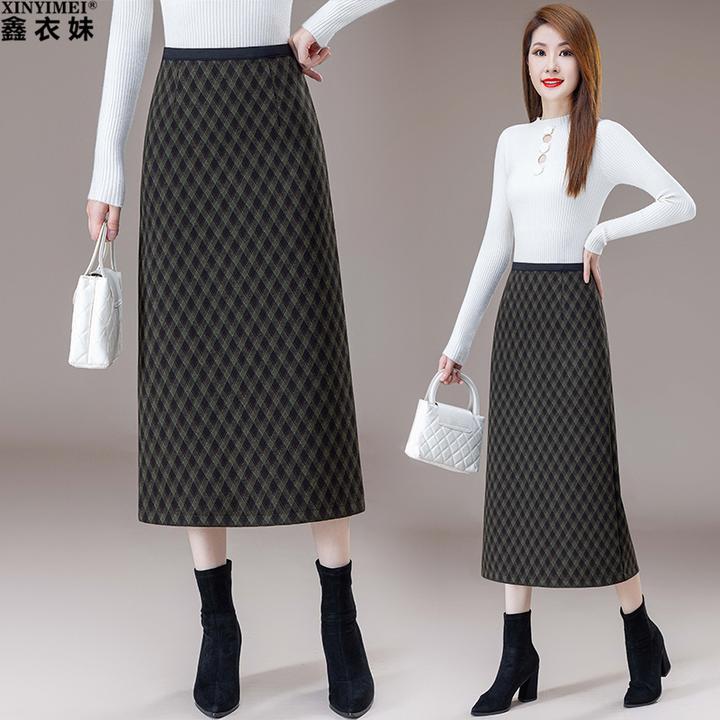 毛呢格子半身裙女秋冬新款2025高腰显瘦一步裙中长款包臀a字裙子