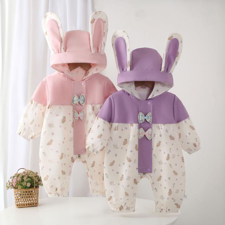 春秋季新款女童外出爬服婴幼儿超萌卡通连帽哈衣女宝宝连体衣