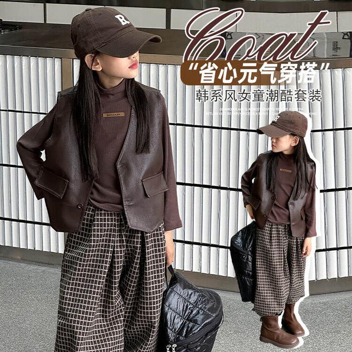 潮牌女童套装时尚儿童三件套新款秋季马甲洋气格子裤子亲子装