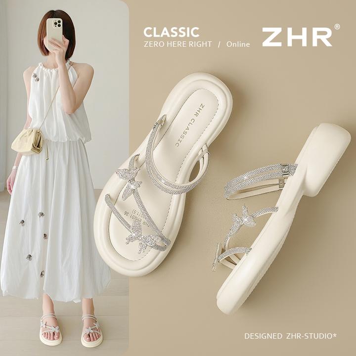 ZHR外穿凉鞋拖鞋二合一2025夏季新款蝴蝶水钻仙女风百搭休闲女鞋