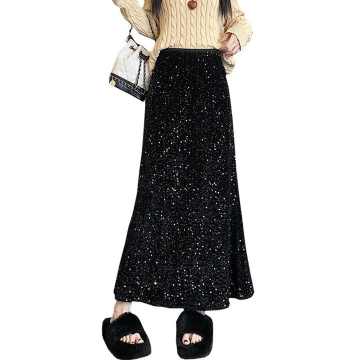 黑色亮片鱼尾半身裙新款2025步步生莲中长裙气质显瘦包臀裙