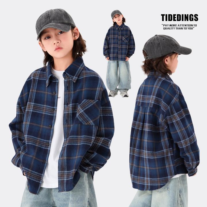 【现货】童装男童衬衣100%棉中大童长袖格子上衣春秋款外套25337