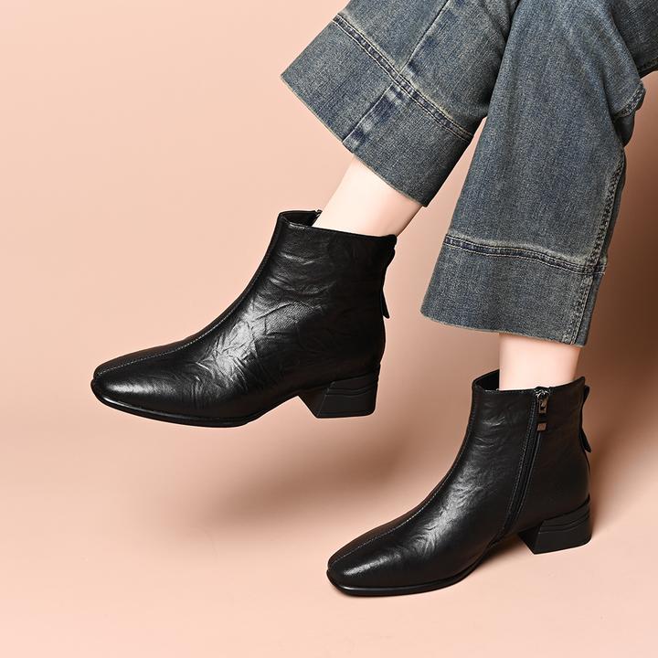 头层羊皮2025秋冬季新款粗跟短靴女舒适通勤方头侧拉链低跟瘦瘦靴