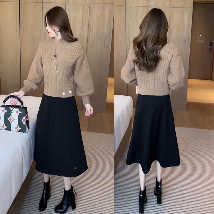 时尚洋气套装女2023秋冬新款加厚毛衣+毛呢半身裙气质显瘦两件套