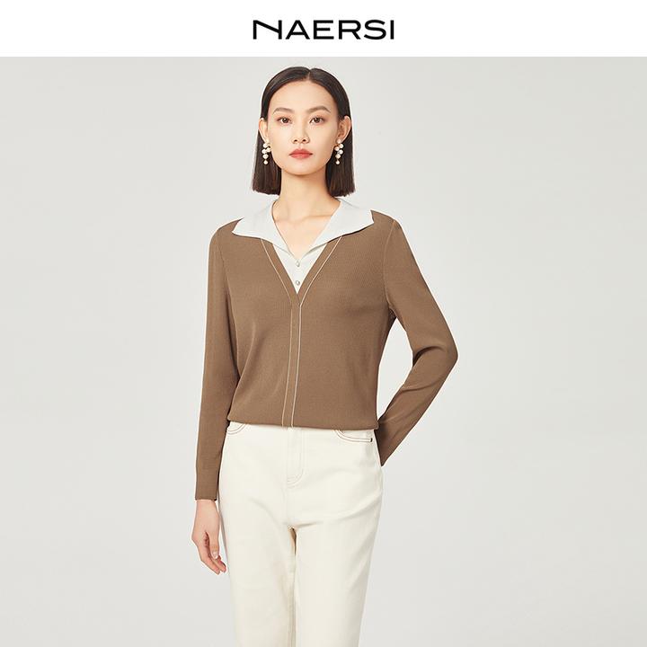 NAERSI/娜尔思娜尔思撞色翻领老风松弛感毛针织衫NZ05253E2