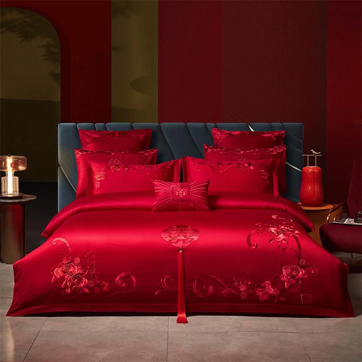 简约中式婚庆四件套刺绣全纯棉新结婚大红龙凤出嫁喜被床上用品