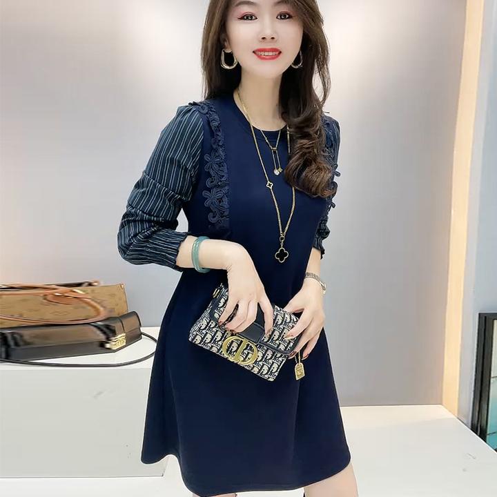 秋冬季显瘦气质长袖洋气时尚假两件百搭中长款连衣裙子显瘦妈妈装