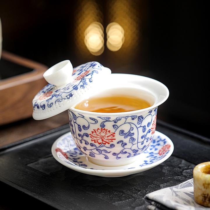 盖碗羊脂玉三才盖碗单个茶碗陶瓷带盖泡茶杯碗白瓷功夫茶具敬茶碗