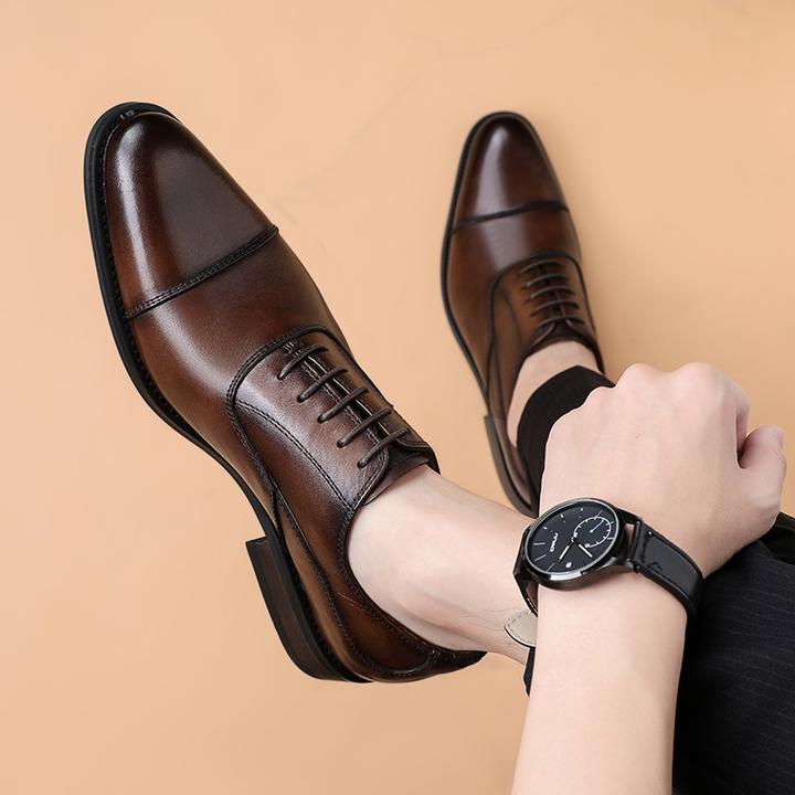 纪诗哲男鞋软皮牛皮尖头英伦风牛津鞋透气三接头商务正装结婚皮鞋