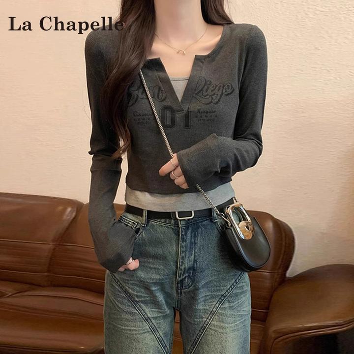 拉夏贝尔字母印花假两件长袖T恤女秋季新款修身显瘦美式打底上衣
