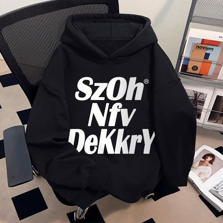 Dekkry潮流时尚字母印花冬季无口袋连帽卫衣加绒男女百搭套头上衣