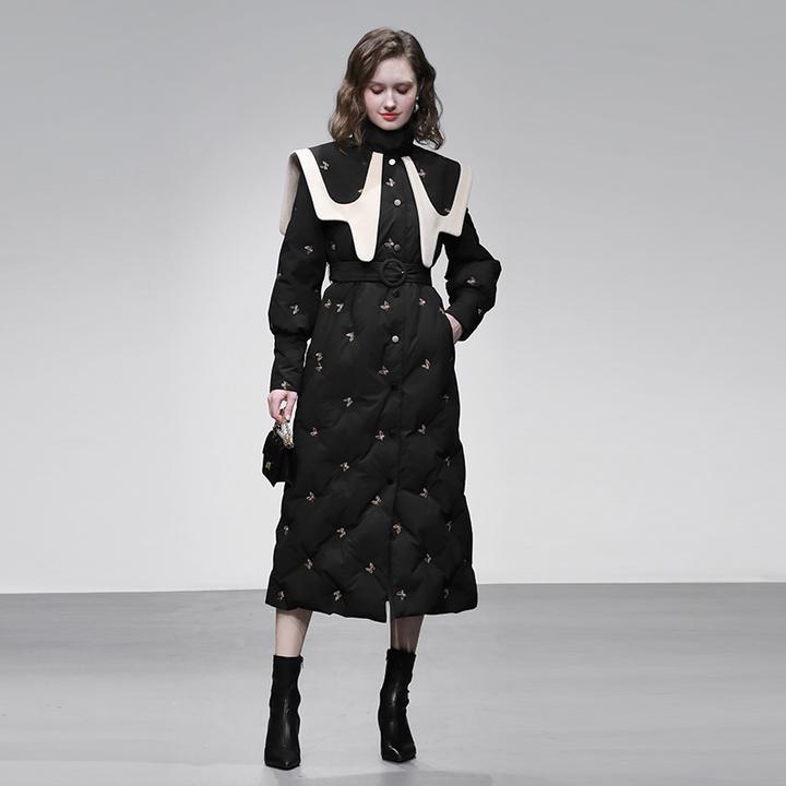 冬季轻奢优雅撞色毛呢拼接大翻领蝴蝶刺绣收腰大摆羽绒服G36047