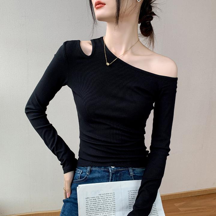 法式小香风斜领长袖T恤女2025秋季新款洋气镂空露肩设计感打底衫