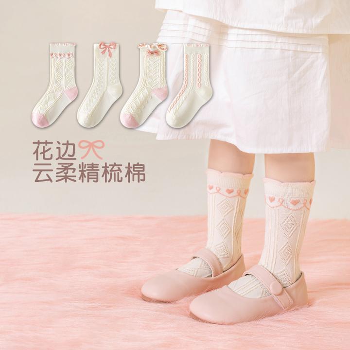 女童袜子秋冬新款浮雕花边蝴蝶结提花女童白色秋冬公主儿童袜子