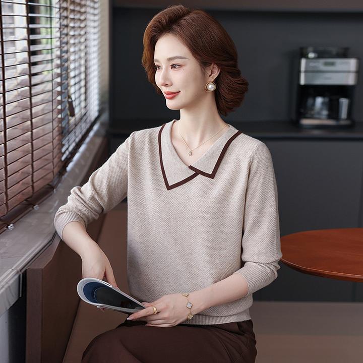中年妈妈秋装上衣2025新款洋气翻领中老年毛衣秋冬打底针织小衫女