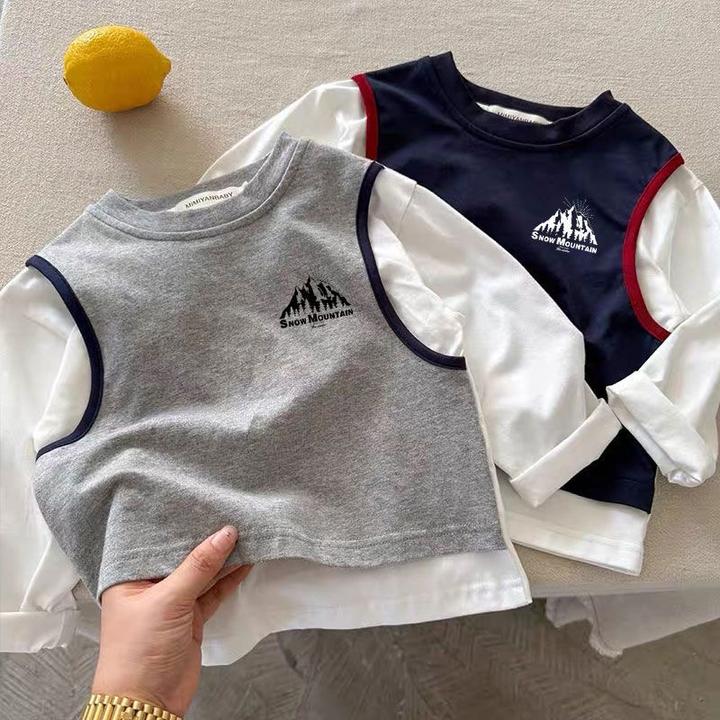 日系儿童长袖T恤春秋款男女宝宝假两件打底衫可爱大山纯棉上衣潮t