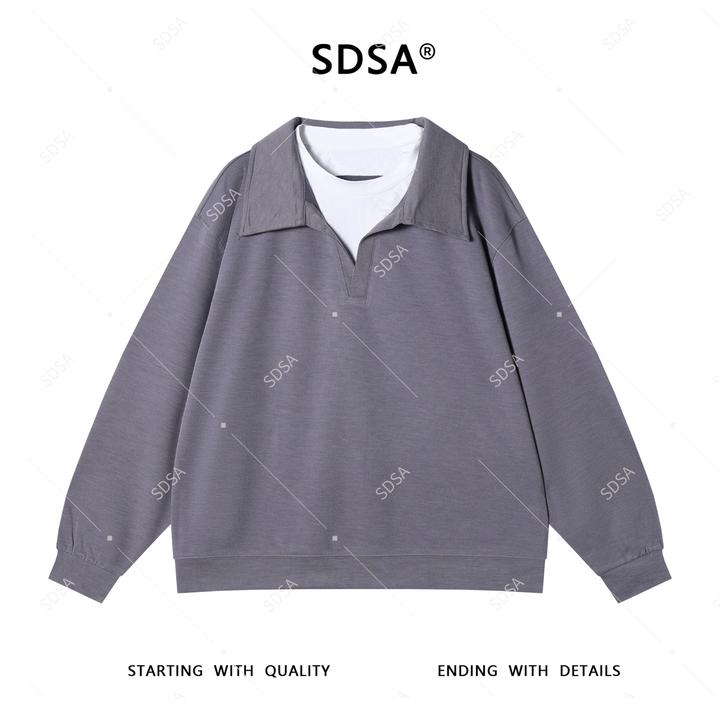 SDSA男士秋冬新款轻奢痞帅男装韩版撞色假两件圆领长袖T恤百搭潮