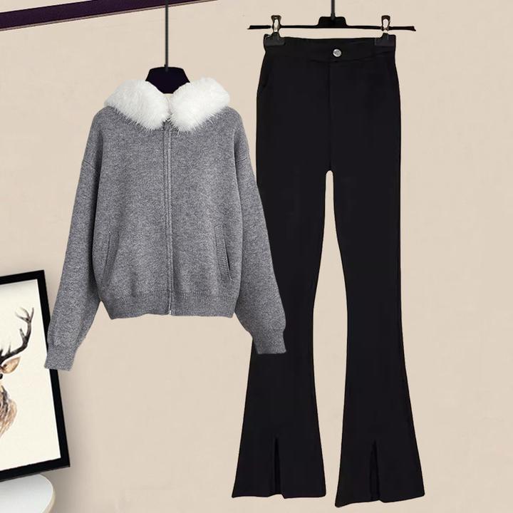 2025新款搭配一整套高级感大毛领宽松拉链毛衣外套微喇休闲裤套装