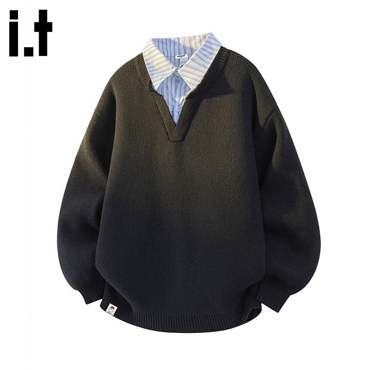 i.t:CHOCOOLATE假两件针织衫男士2025秋冬季宽松休闲保暖长袖毛衣