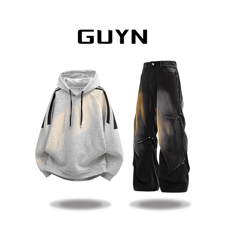 【品牌正品现货】GUYN高级感潮牌连帽卫衣男款秋冬季条纹拼接套头衫