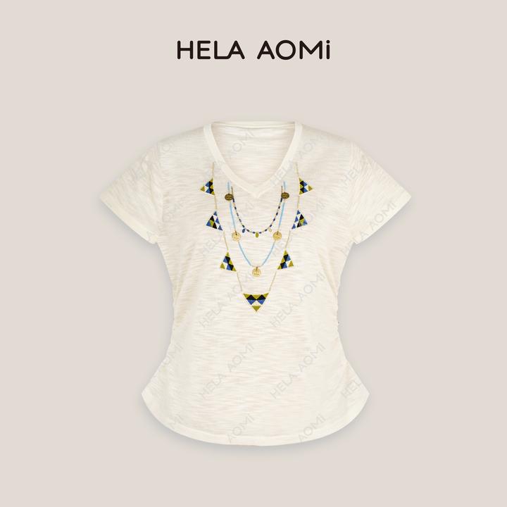 HELAAOMI “小岛微风”莱赛尔亚麻刺绣钉珠显瘦针织短袖CY5BM32551