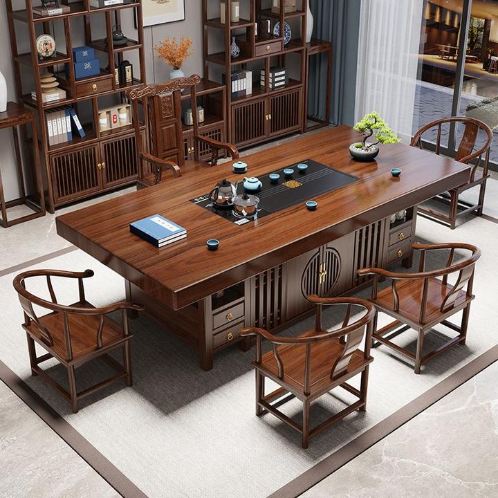 实木原木大板茶桌椅组合办公室禅意茶几一桌五椅家用新中式泡茶台