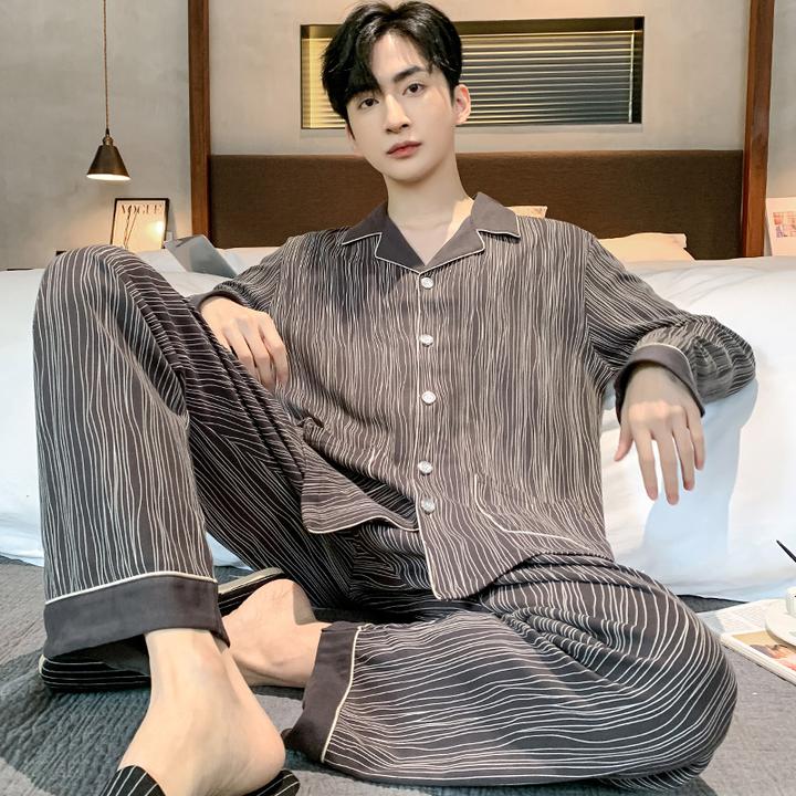AEROMRGEN睡衣春秋款纯棉长袖时尚新款男士秋冬款全棉条纹家居服
