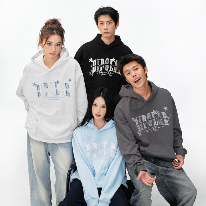 BIPOLAR星星珍珠小香风贴布美式复古潮流情侣宽松连帽卫衣 18S214