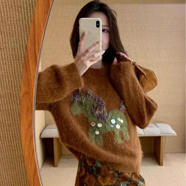 时尚洋气宽松软糯毛衣女装秋冬新款慵懒风洋气小马刺绣针织衫上衣