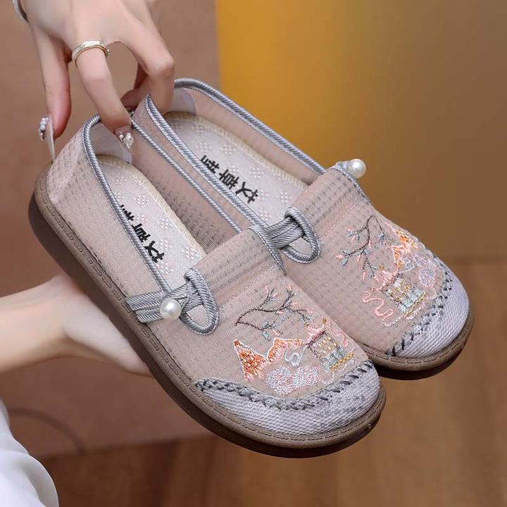 夏季新款老北京布鞋女珠绣国风网面鞋一脚蹬妈妈鞋软底透气懒人鞋