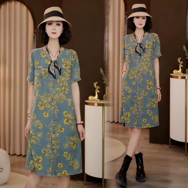 高含棉印花短袖牛仔连衣裙女2025年夏季新款时尚减龄中长款裙子潮