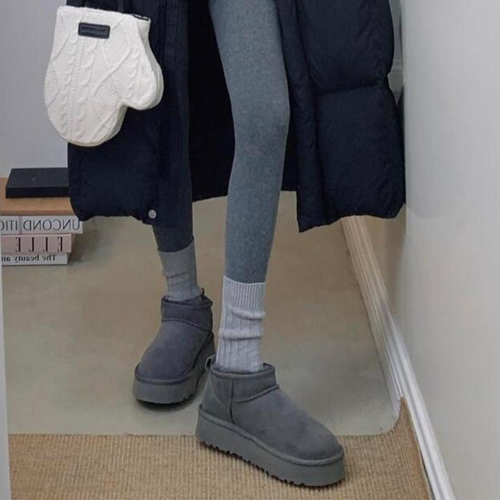 牛皮版~复古圆头松糕底雪地靴女加绒保暖真皮棉靴舒适短筒面包鞋