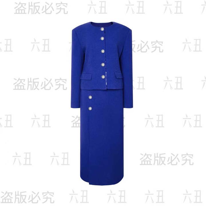 【六丑】新款时尚高级气质显瘦单排扣亮片纯色套装510ATZ0177