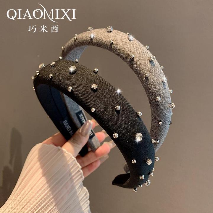 韩国重工感银色钉珠发箍高颅顶显脸小宽边头箍气质百搭发卡女